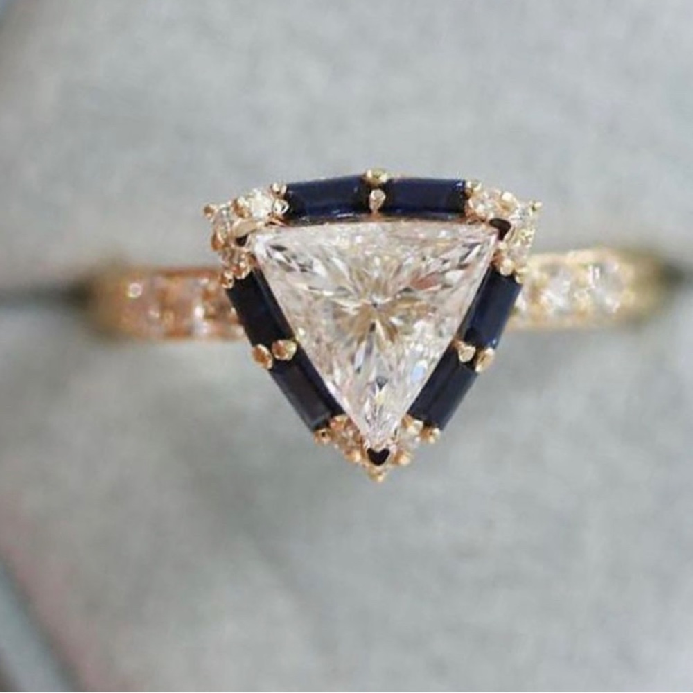 Halo Triangle Cut White & Blue Sapphire Engagement Ring - Picture 3 of 9